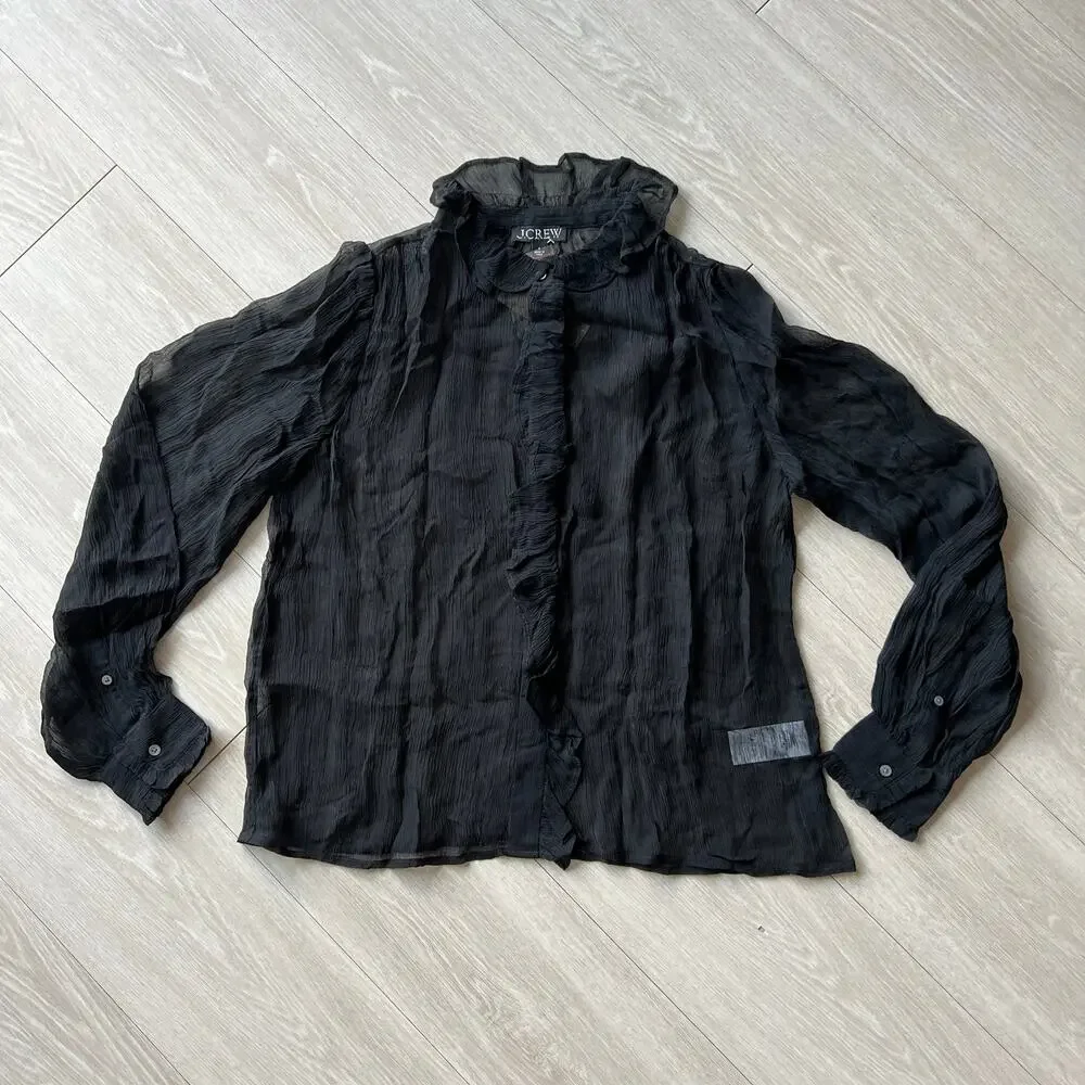J Crew Ruffle Button Up Shirt In Crinkle Chiffon Womens Size 4 Sheer Black Flaws